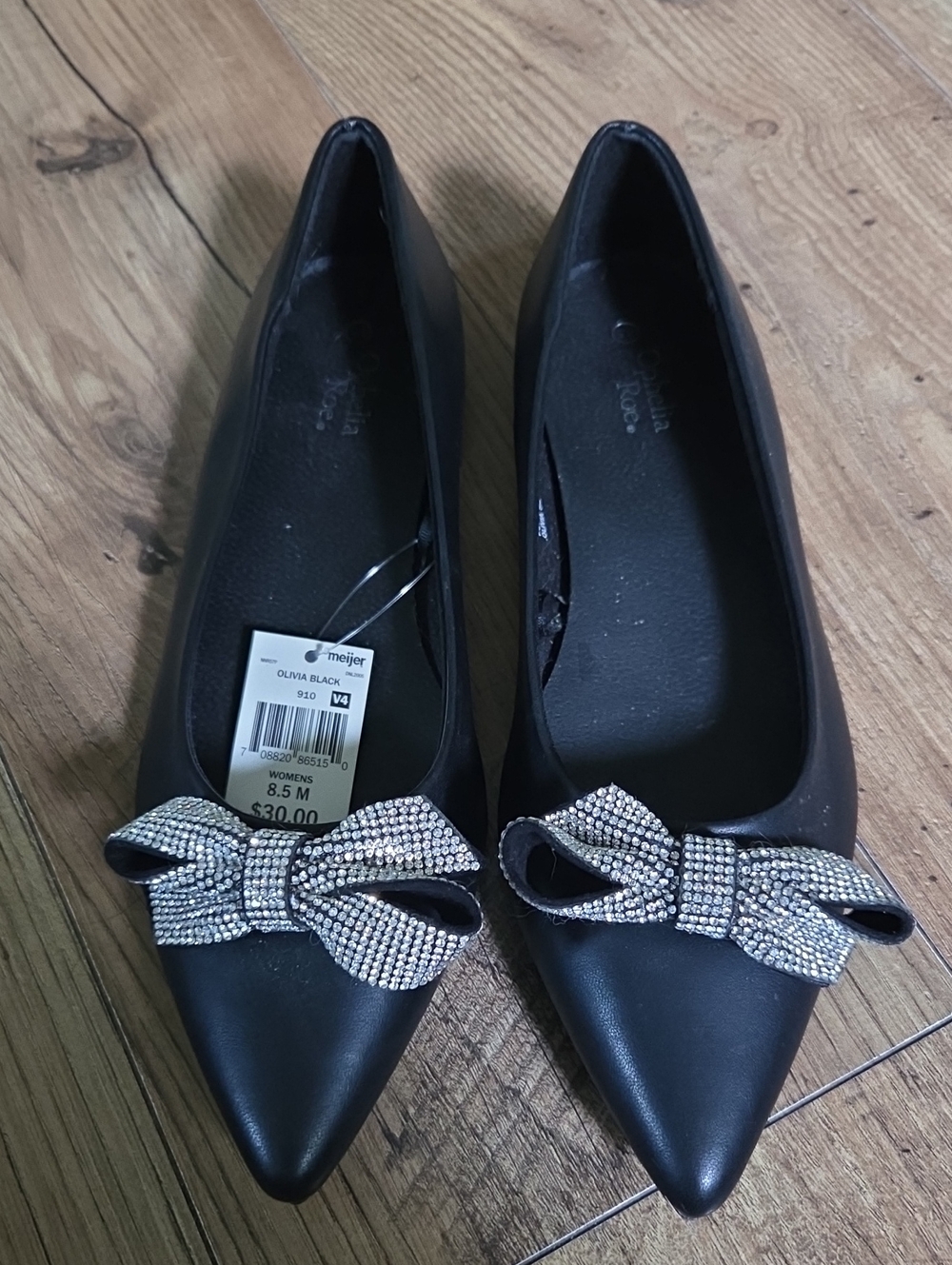 Ophelia Roe | Olivia Black Pointed Toe Flats with Crystal Bow